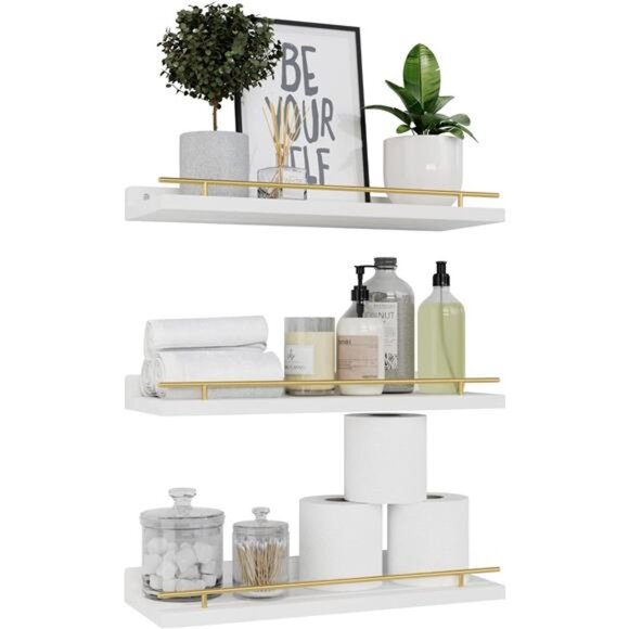 Floating Shelves with Gold Metal Guardrail, Shelves for Wall Decor Set of 3 - Picture 1 of 7